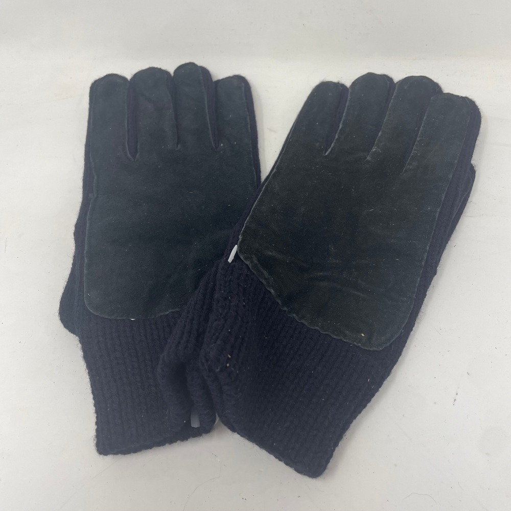 Mens Black Knit Gloves Leather Palm and Back One Size Fits All Vintage New - Picture 4 of 5